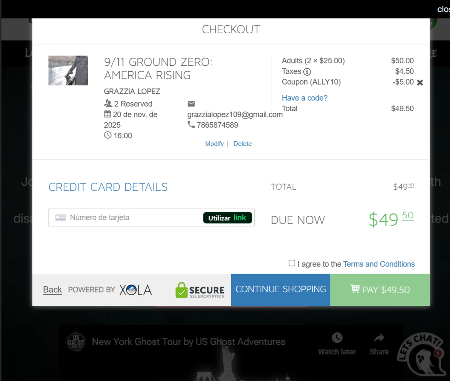 US Ghost Adventures promo code screenshot showing code ALLY10 applied at US Ghost Adventures checkout page. Uploaded by SimplyCodes community member yokoono10 on Nov 20, 2025