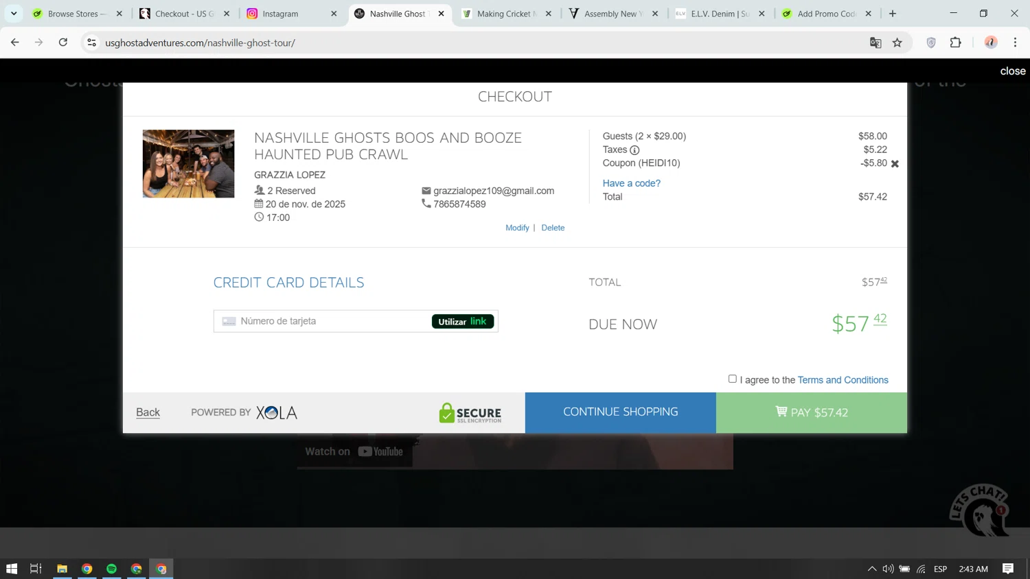 US Ghost Adventures promo code screenshot showing code Heidi10 applied at US Ghost Adventures checkout page. Uploaded by SimplyCodes community member yokoono10 on Nov 20, 2025