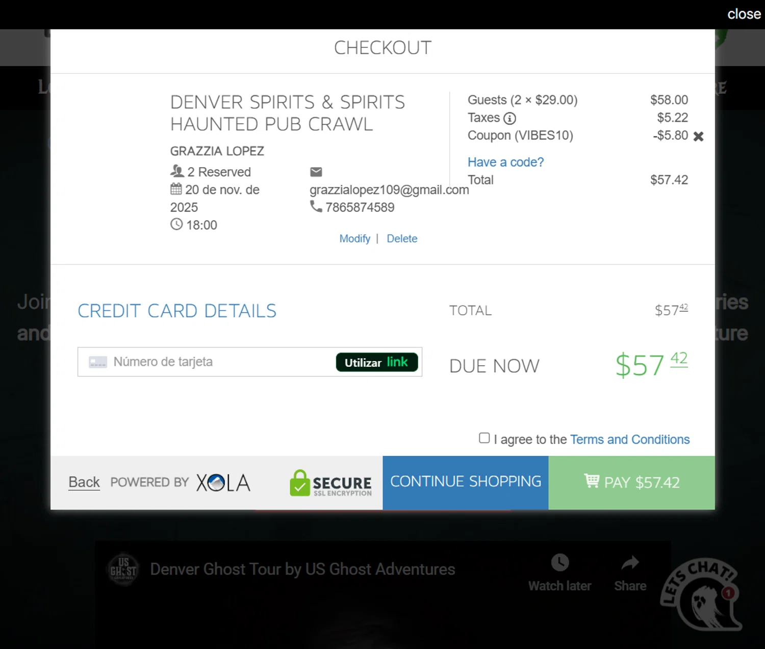 US Ghost Adventures promo code screenshot showing code VIBES10 applied at US Ghost Adventures checkout page. Uploaded by SimplyCodes community member yokoono10 on Nov 20, 2025