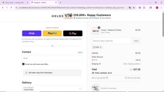 Holos checkout page showing Holos discount code box | Screenshot taken by SimplyCodes community member on Sep 1, 2025