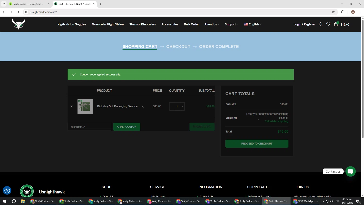Usnighthawk promo code screenshot showing code supergift145 applied at Usnighthawk checkout page. Uploaded by SimplyCodes community member SwiftSage2309 on Nov 14, 2025