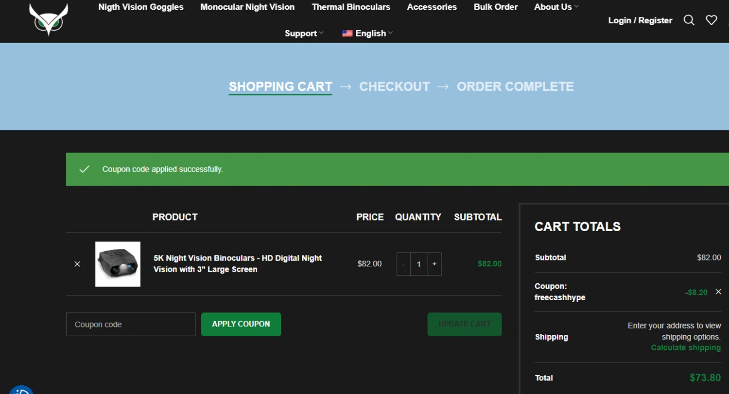 Usnighthawk promo code screenshot showing code FREECASHHYPE applied at Usnighthawk checkout page. Uploaded by SimplyCodes community member CouponRanger9482 on Nov 10, 2025