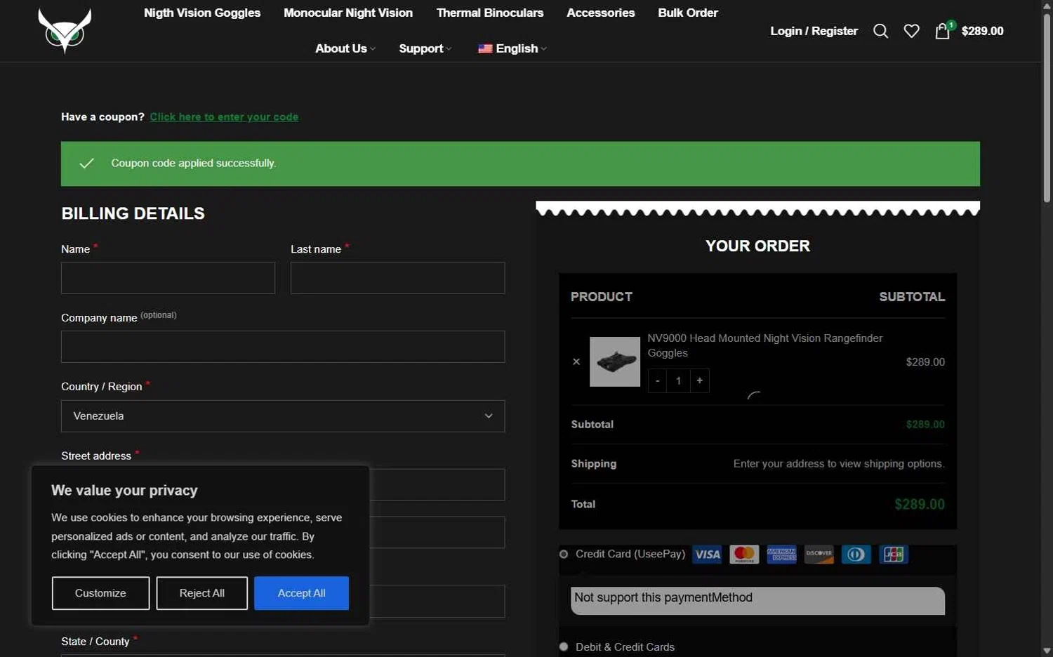Usnighthawk checkout page showing Usnighthawk promo code box | Screenshot taken by SimplyCodes community member on Feb 12, 2026