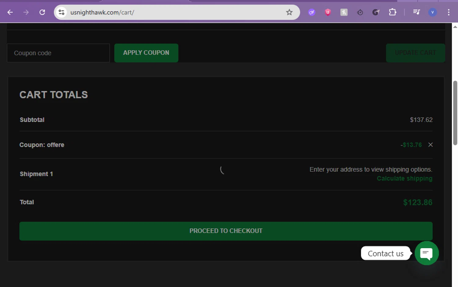 Usnighthawk checkout page showing Usnighthawk promo code box | Screenshot taken by SimplyCodes community member on Feb 12, 2026