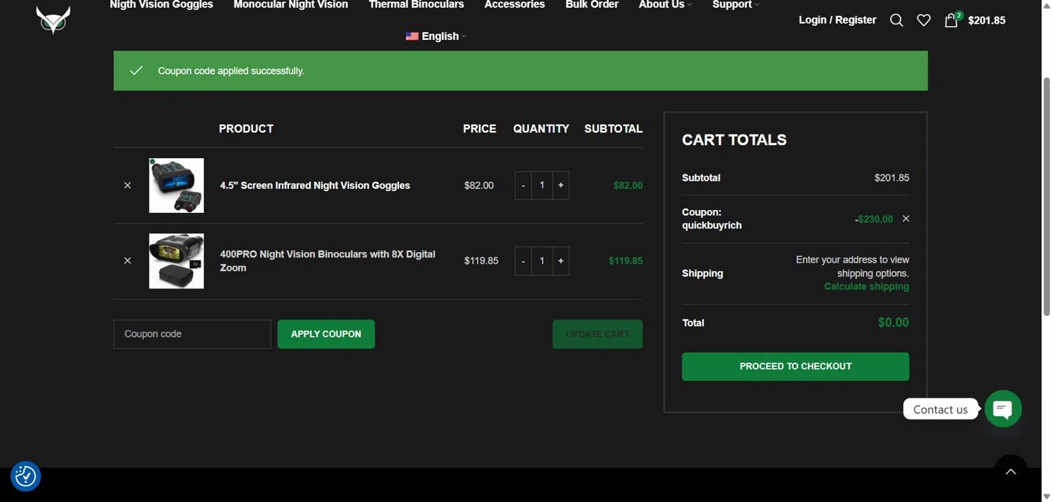Usnighthawk promo code screenshot showing code QUICKBUYRICH applied at Usnighthawk checkout page. Uploaded by SimplyCodes community member jesus4 on Nov 11, 2025