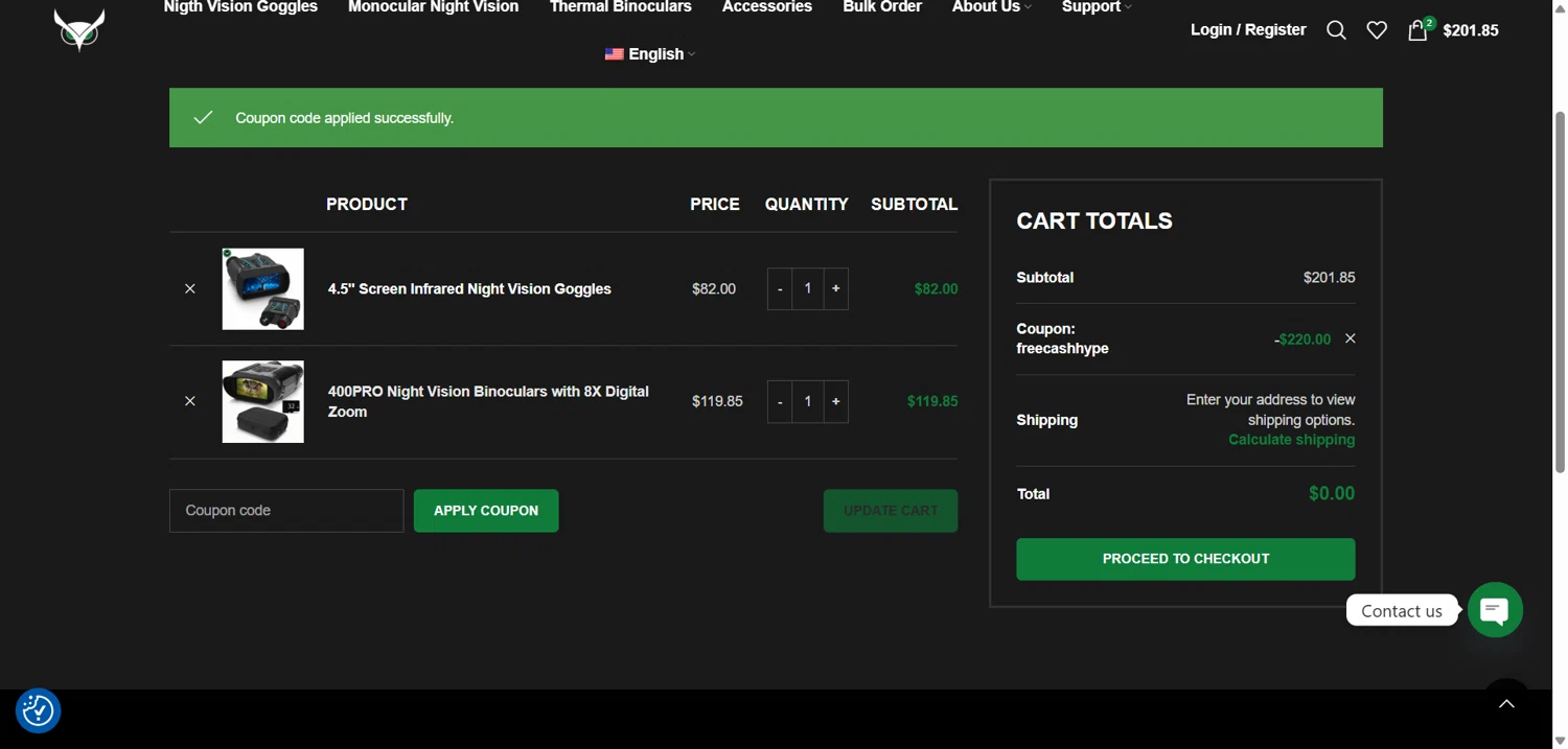 Usnighthawk promo code screenshot showing code FREECASHHYPE applied at Usnighthawk checkout page. Uploaded by SimplyCodes community member jesus4 on Nov 10, 2025