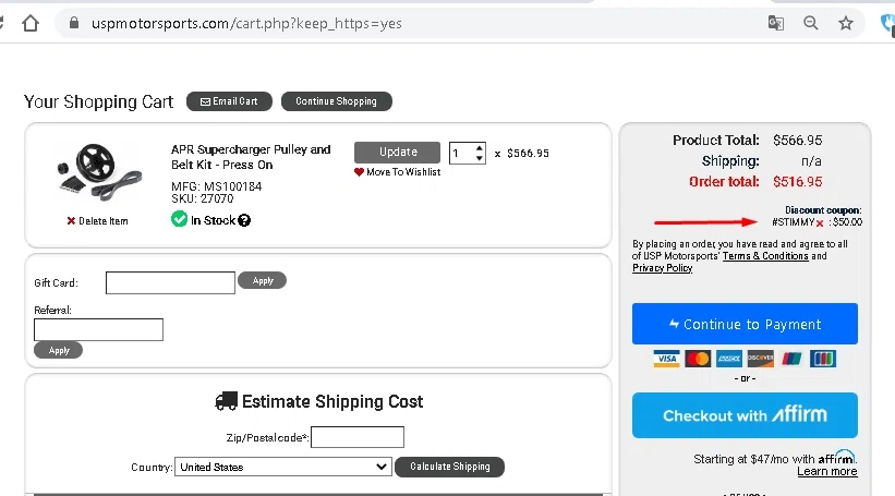 where to use USP Motorsports promo code box