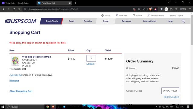 USPS checkout page showing USPS coupon code box | Screenshot taken by SimplyCodes community member on Mar 28, 2024
