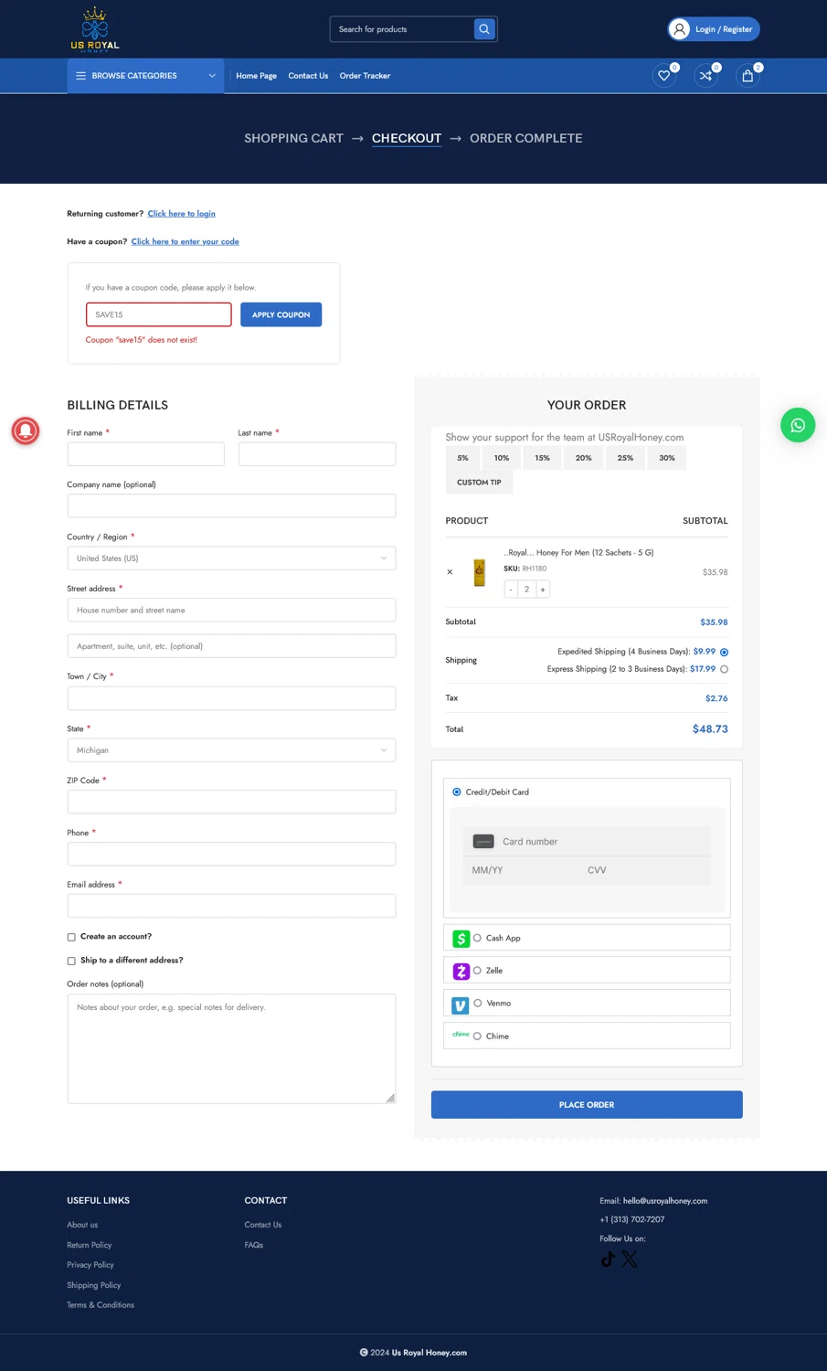US Royal Honey coupon code screenshot showing code SAVE15 applied at US Royal Honey checkout page. Uploaded by SimplyCodes community member WladimirV on Feb 4, 2025