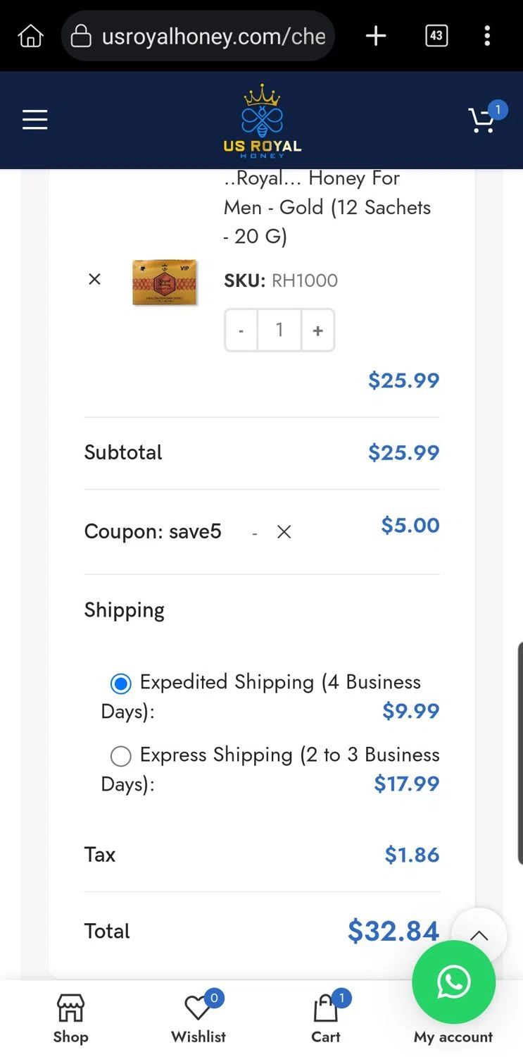 US Royal Honey coupon code screenshot showing code save5 applied at US Royal Honey checkout page. Uploaded by SimplyCodes community member Carloslvz on May 27, 2025