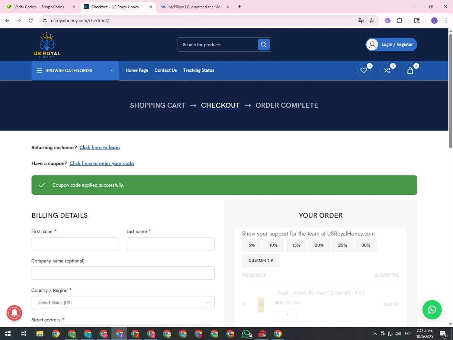 US Royal Honey coupon code screenshot showing code save5 applied at US Royal Honey checkout page. Uploaded by SimplyCodes community member ValueHero2277 on Jun 10, 2025