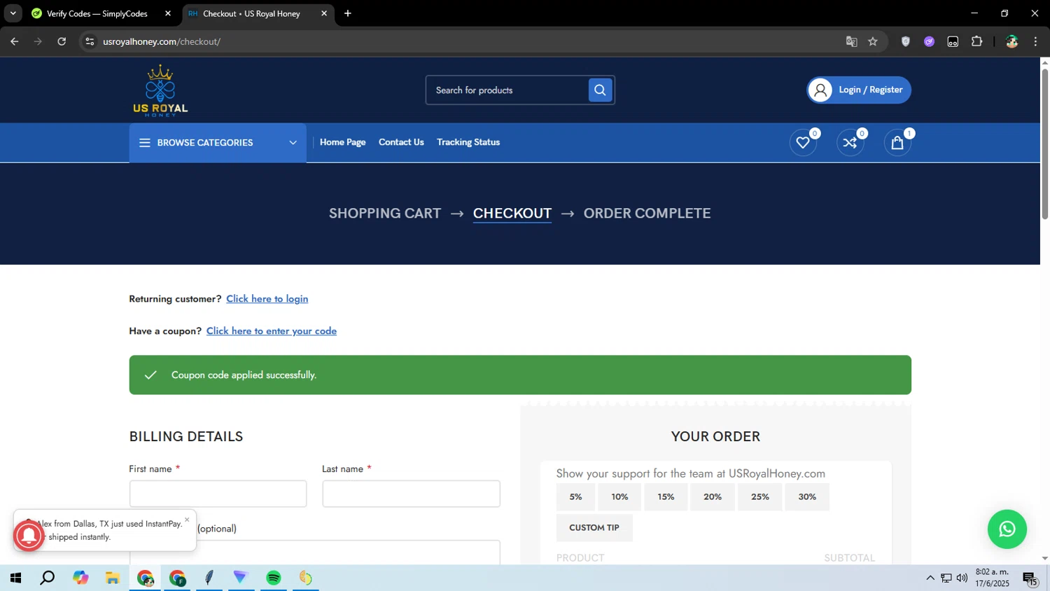 US Royal Honey coupon code screenshot showing code save5 applied at US Royal Honey checkout page. Uploaded by SimplyCodes community member franalepe on Jun 17, 2025