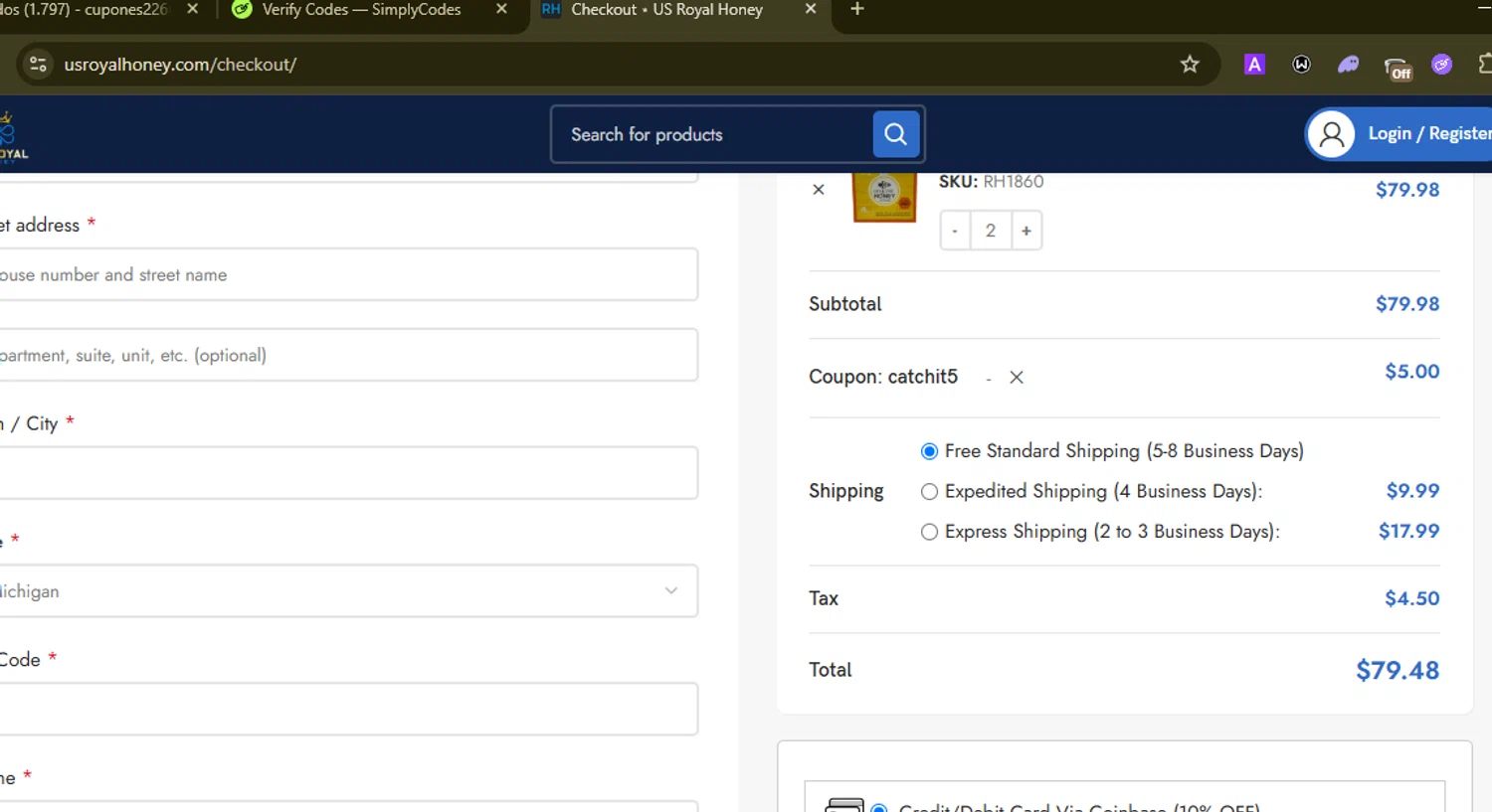 US Royal Honey checkout page showing US Royal Honey coupon code box | Screenshot taken by SimplyCodes community member on May 10, 2025