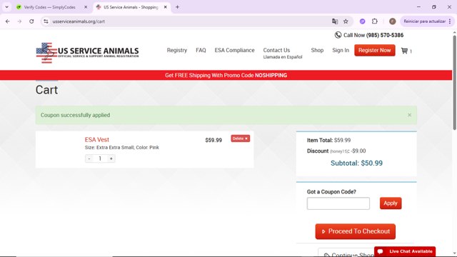US Service Animals checkout page showing US Service Animals coupon code box | Screenshot taken by SimplyCodes community member on Aug 30, 2025