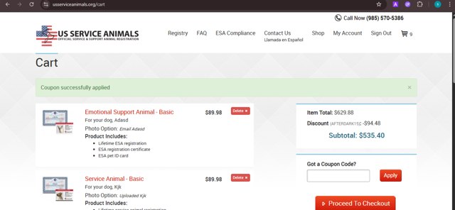 US Service Animals checkout page showing US Service Animals coupon code box | Screenshot taken by SimplyCodes community member on Aug 25, 2025