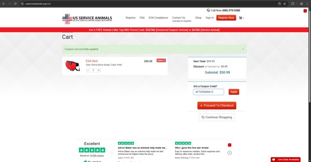 US Service Animals checkout page showing US Service Animals coupon code box | Screenshot taken by SimplyCodes community member on Aug 31, 2025