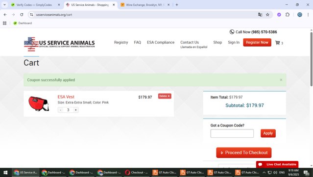 US Service Animals checkout page showing US Service Animals coupon code box | Screenshot taken by SimplyCodes community member on Sep 6, 2025