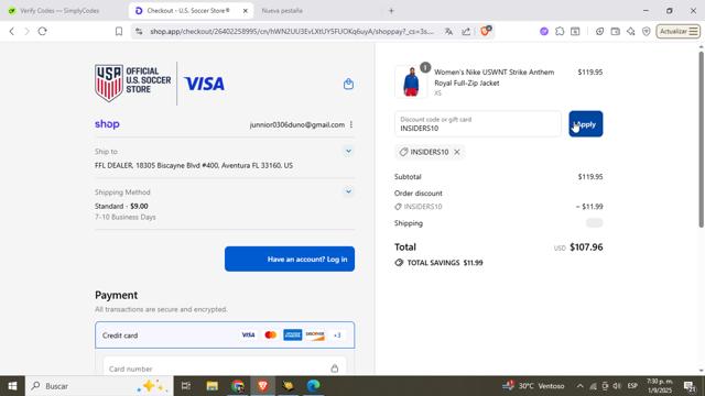 U.S. Soccer checkout page showing U.S. Soccer discount code box | Screenshot taken by SimplyCodes community member on Sep 1, 2025