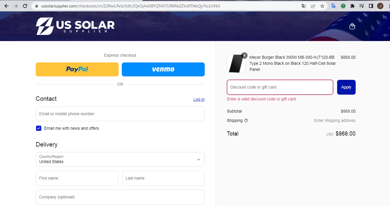 US Solar Supplier discount code screenshot showing code EARTH24 applied at US Solar Supplier checkout page. Uploaded by SimplyCodes community member Intel_VS_AMD on Mar 21, 2025
