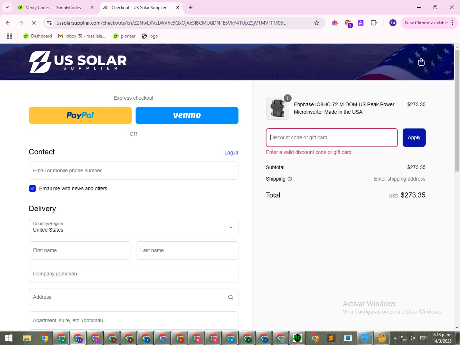 US Solar Supplier discount code screenshot showing code EARTH24 applied at US Solar Supplier checkout page. Uploaded by SimplyCodes community member VictoriousSentinel1514 on Mar 14, 2025