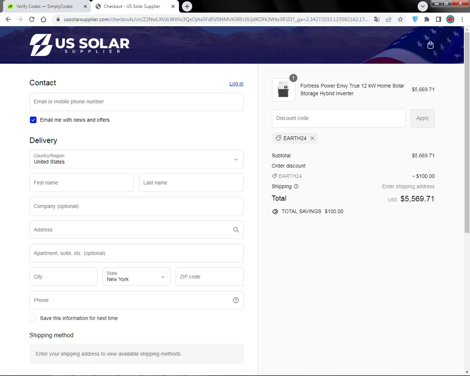 US Solar Supplier checkout page showing US Solar Supplier discount code box | Screenshot taken by SimplyCodes community member on Apr 26, 2024