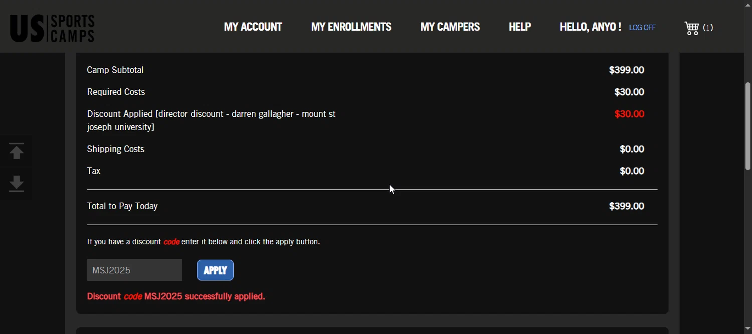 US Sports Camp discount code screenshot showing code MSJ2025 applied at US Sports Camp checkout page. Uploaded by SimplyCodes community member 111111 on Jul 12, 2025