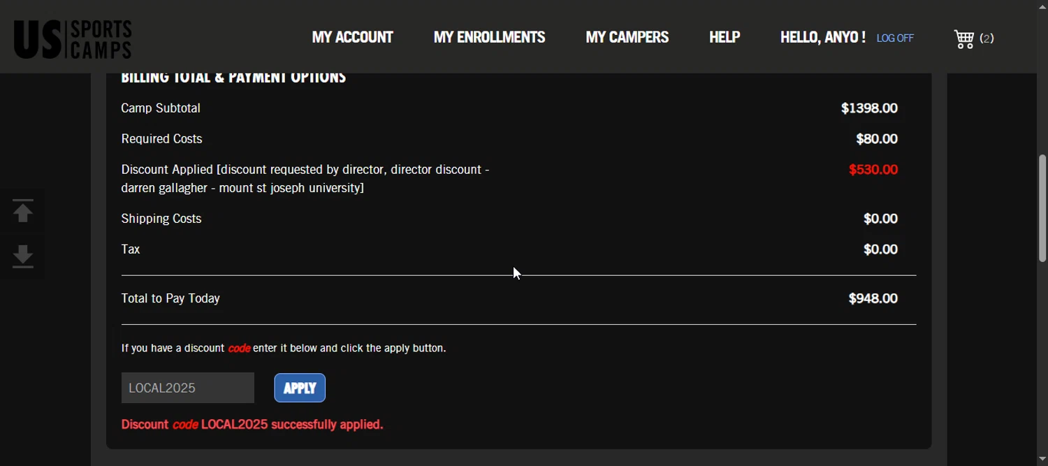 US Sports Camp discount code screenshot showing code LOCAL2025 applied at US Sports Camp checkout page. Uploaded by SimplyCodes community member 111111 on Jul 12, 2025