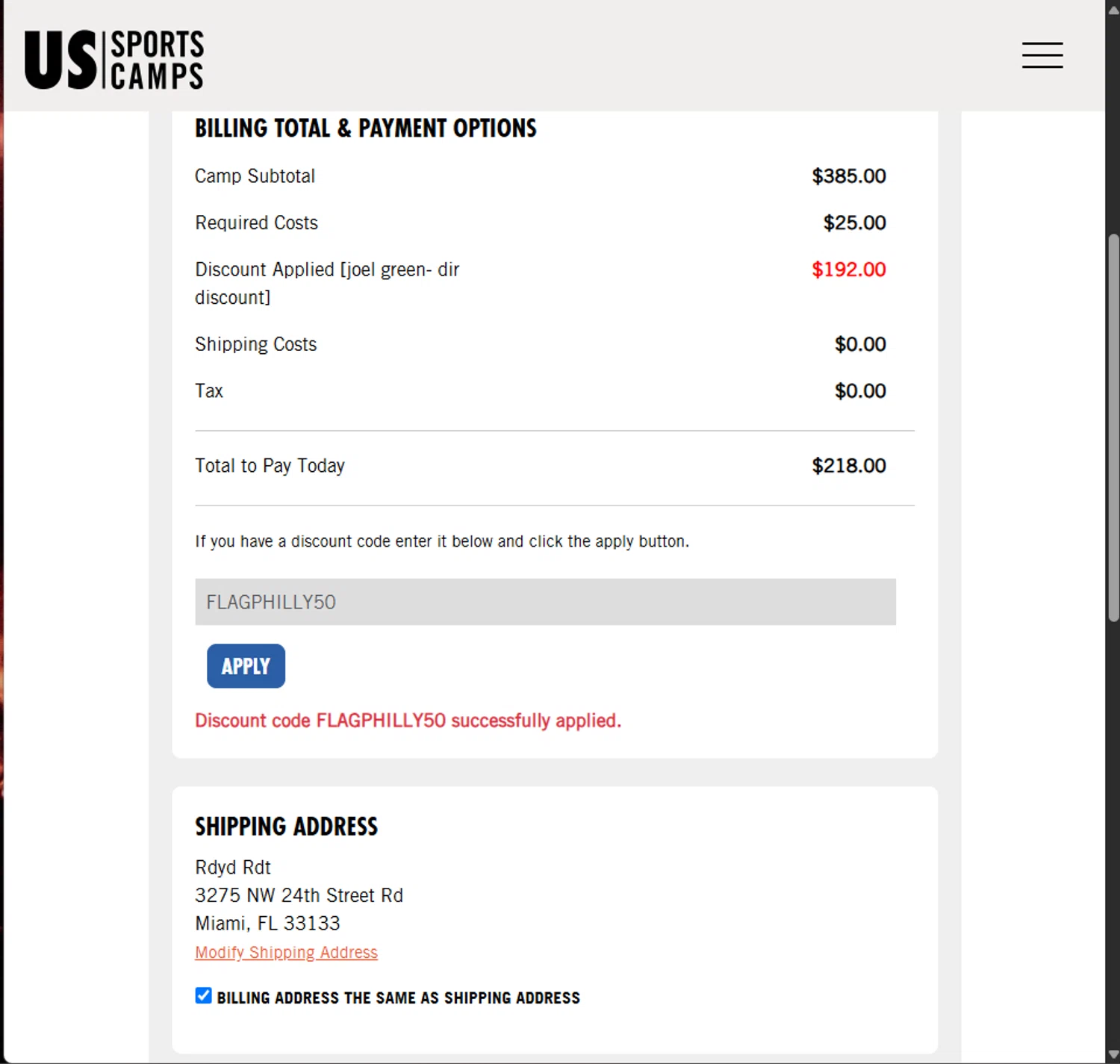 US Sports Camp discount code screenshot showing code FLAGPHILLY50 applied at US Sports Camp checkout page. Uploaded by SimplyCodes community member PillarsofCreation on Jun 3, 2025