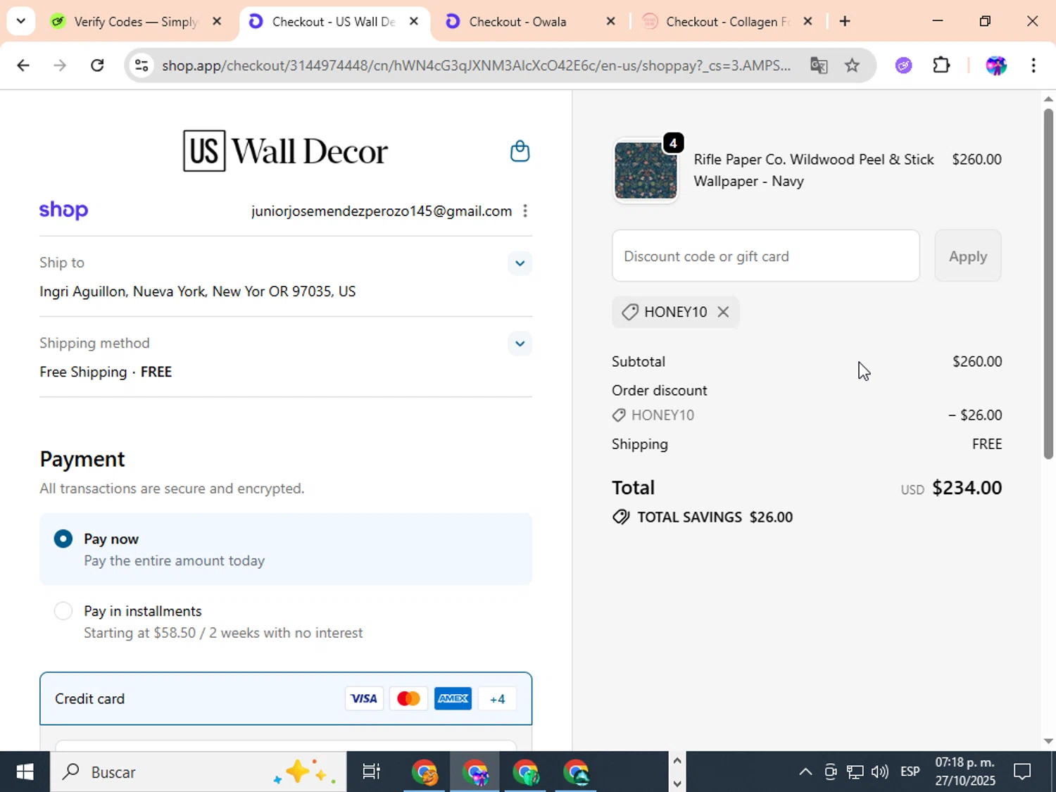 US Wall Decor coupon code screenshot showing code HONEY10 applied at US Wall Decor checkout page. Uploaded by SimplyCodes community member ingric on Oct 27, 2025