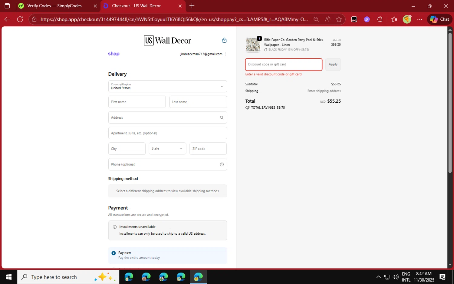 US Wall Decor coupon code screenshot showing code HONEY10 applied at US Wall Decor checkout page. Uploaded by SimplyCodes community member jvllsk2 on Nov 30, 2025