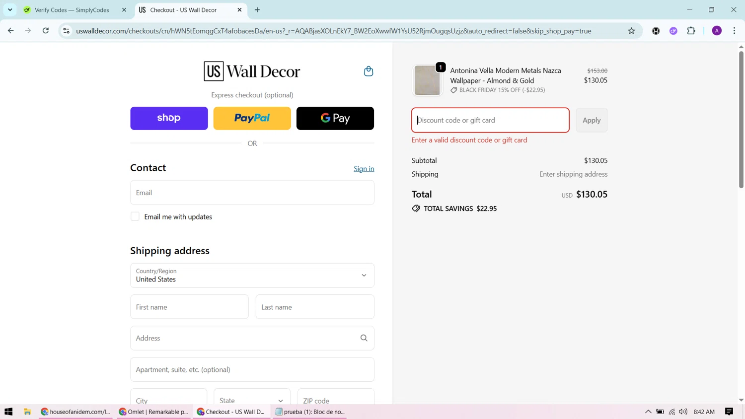 US Wall Decor coupon code screenshot showing code mycart10 applied at US Wall Decor checkout page. Uploaded by SimplyCodes community member CashChaser7272 on Nov 30, 2025