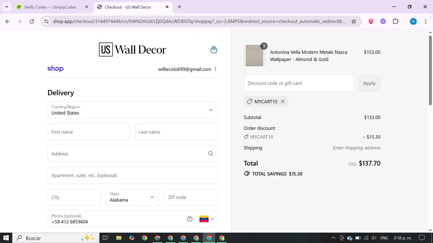 US Wall Decor coupon code screenshot showing code mycart10 applied at US Wall Decor checkout page. Uploaded by SimplyCodes community member CrownShopper7142 on Sep 12, 2025