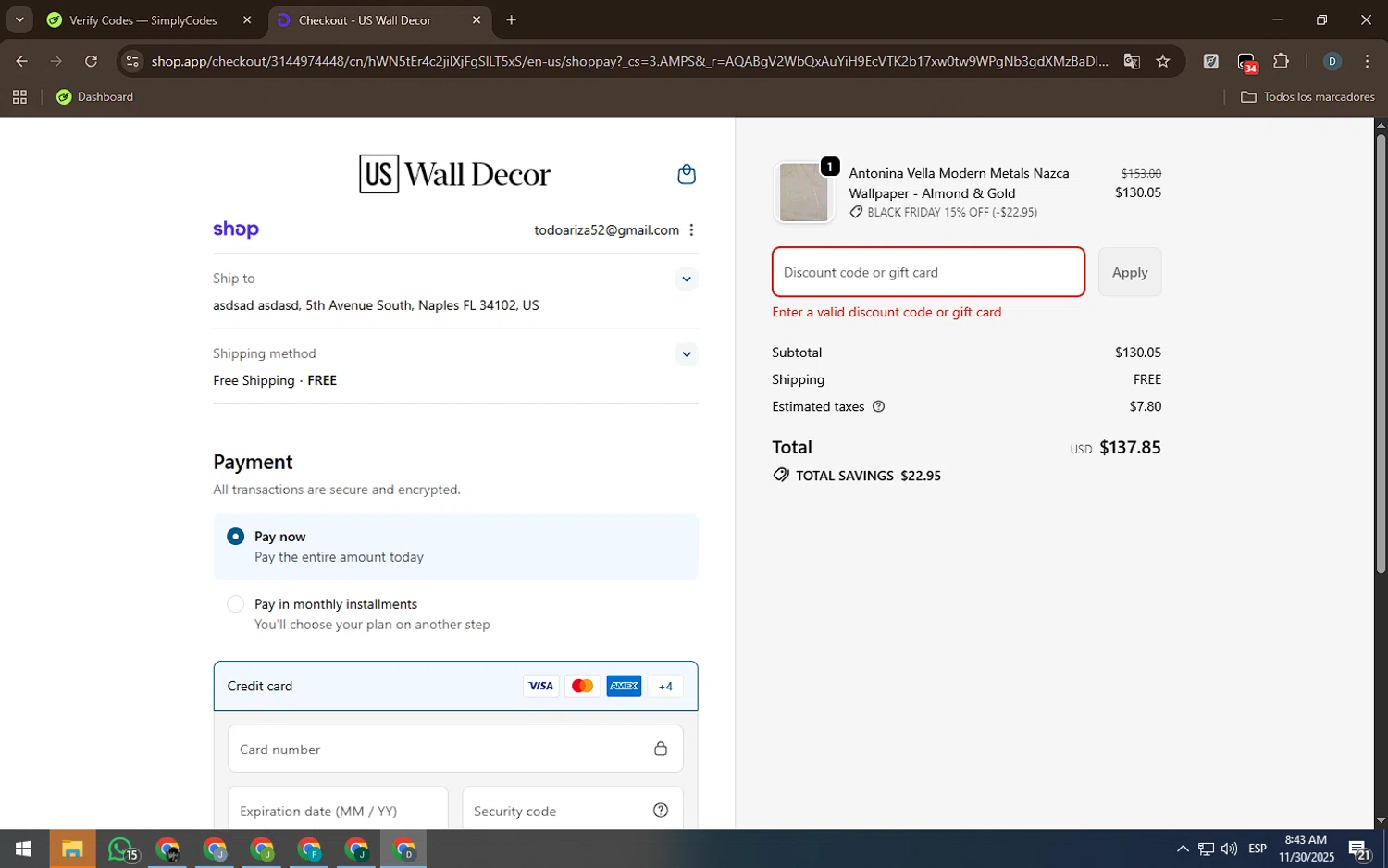 US Wall Decor coupon code screenshot showing code mycart10 applied at US Wall Decor checkout page. Uploaded by SimplyCodes community member Rei_Chikita_uwu on Nov 30, 2025