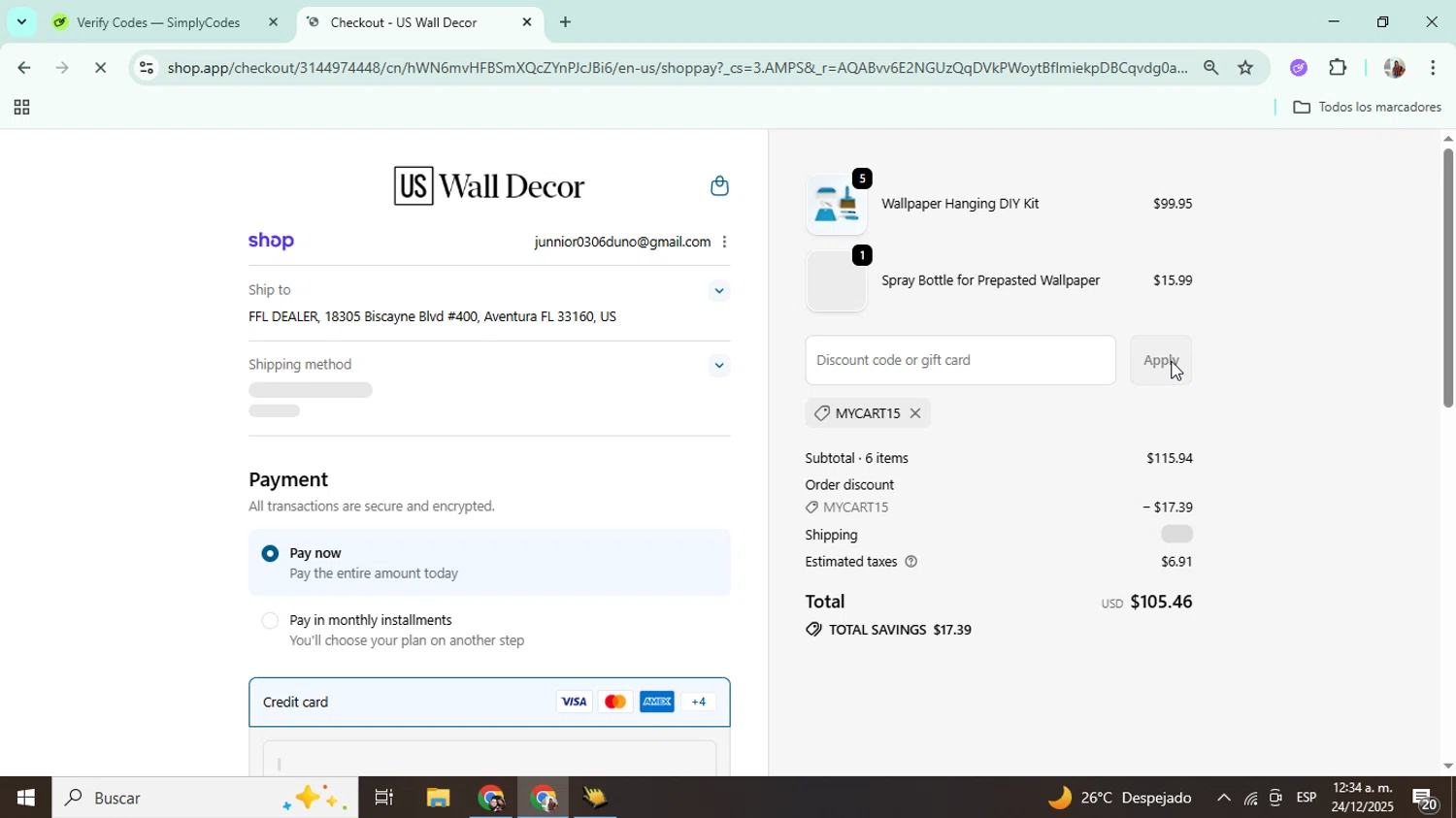 US Wall Decor coupon code screenshot showing code MYCART15 applied at US Wall Decor checkout page. Uploaded by SimplyCodes community member Mujerdejunnior on Dec 24, 2025