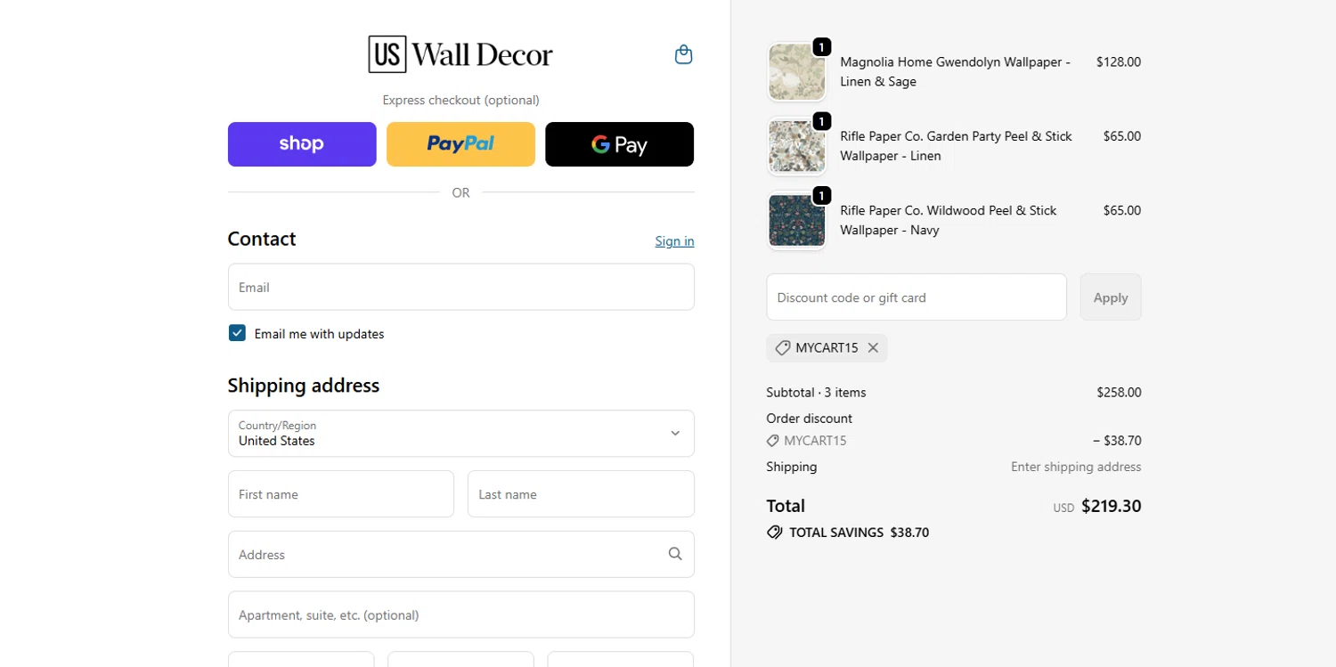 US Wall Decor coupon code screenshot showing code MYCART15 applied at US Wall Decor checkout page. Uploaded by SimplyCodes community member fettywap on Oct 23, 2025