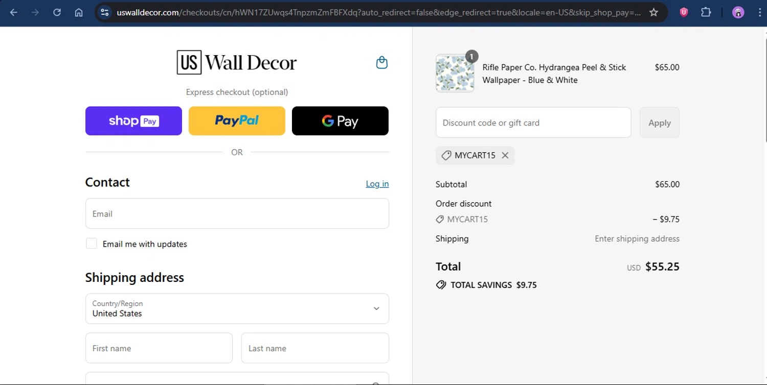 US Wall Decor coupon code screenshot showing code MYCART15 applied at US Wall Decor checkout page. Uploaded by SimplyCodes community member rapc3030 on Jul 27, 2025
