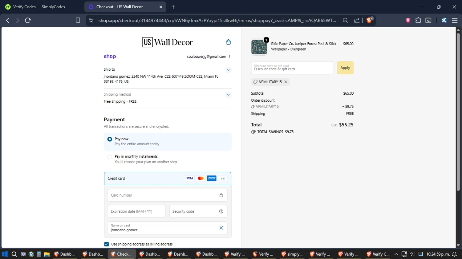 US Wall Decor coupon code screenshot showing code VPMILITARY15 applied at US Wall Decor checkout page. Uploaded by SimplyCodes community member Jgomez on Dec 29, 2025