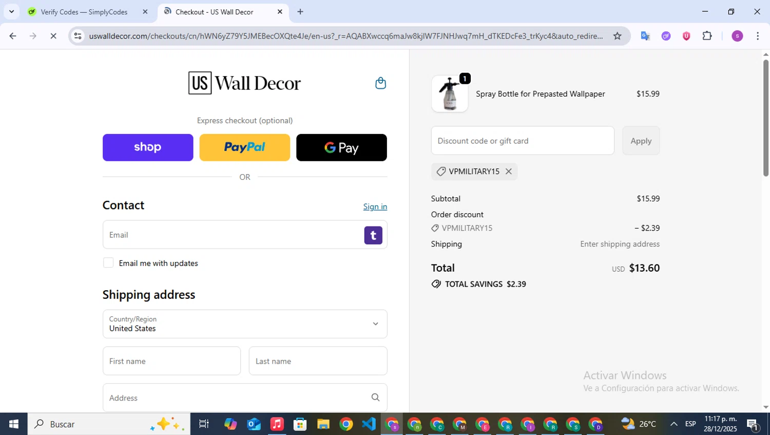US Wall Decor coupon code screenshot showing code VPMILITARY15 applied at US Wall Decor checkout page. Uploaded by SimplyCodes community member WonderPioneer5062 on Dec 29, 2025