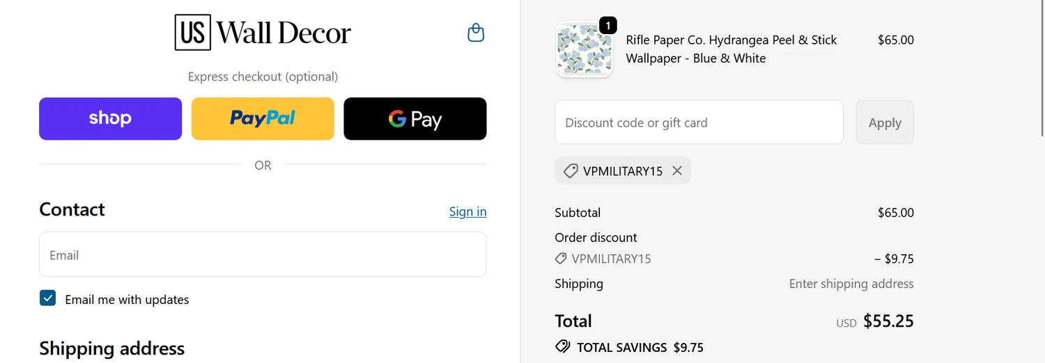 US Wall Decor coupon code screenshot showing code VPMILITARY15 applied at US Wall Decor checkout page. Uploaded by SimplyCodes community member franalepe on Oct 3, 2025