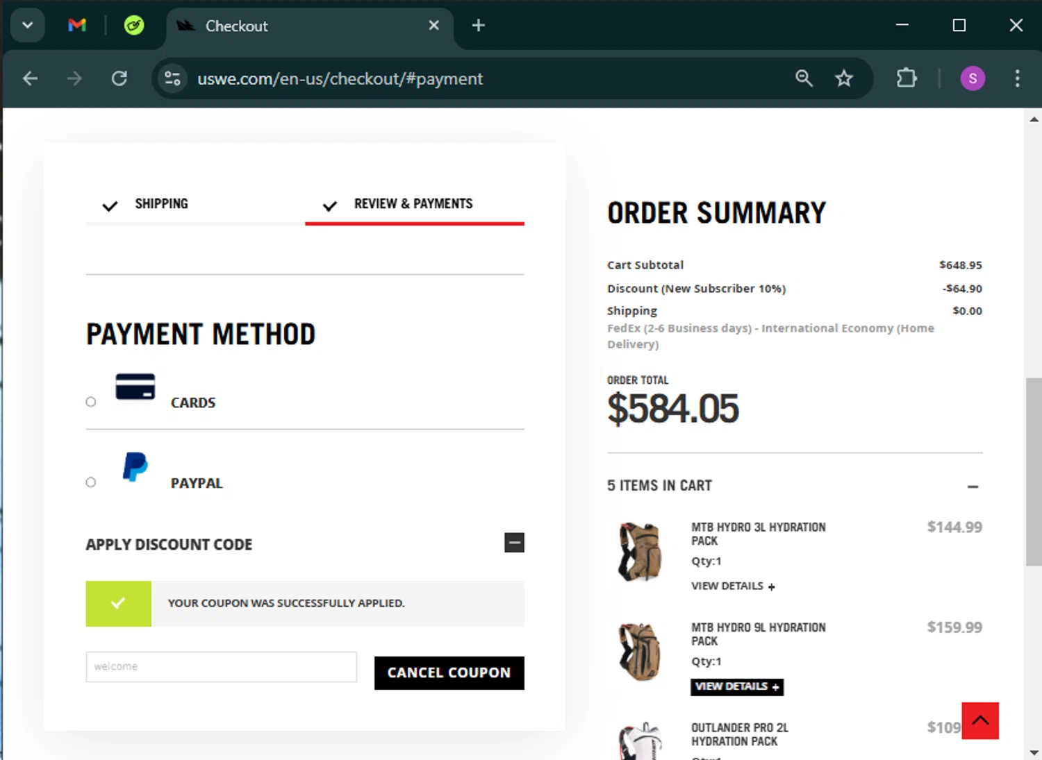 USWE discount code screenshot showing code welcome applied at USWE checkout page. Uploaded by SimplyCodes community member tinkle_tinkle on Feb 20, 2025
