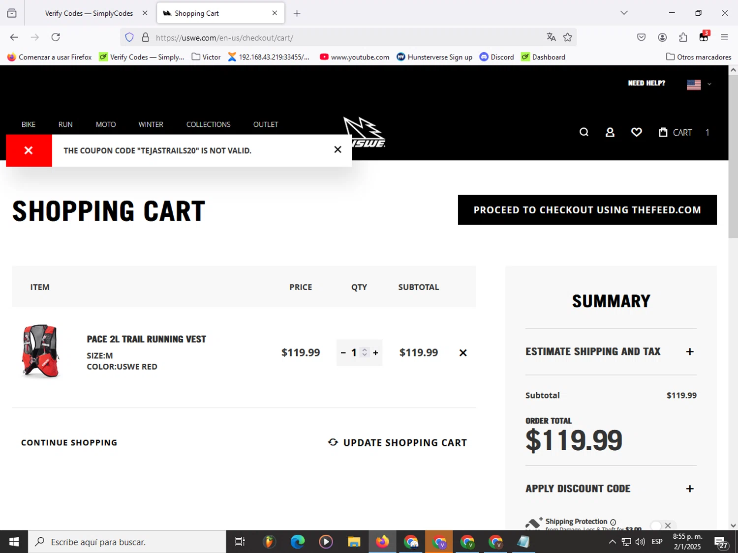 USWE discount code screenshot showing code Tejastrails20 applied at USWE checkout page. Uploaded by SimplyCodes community member Garou_Y2K on Jan 3, 2025