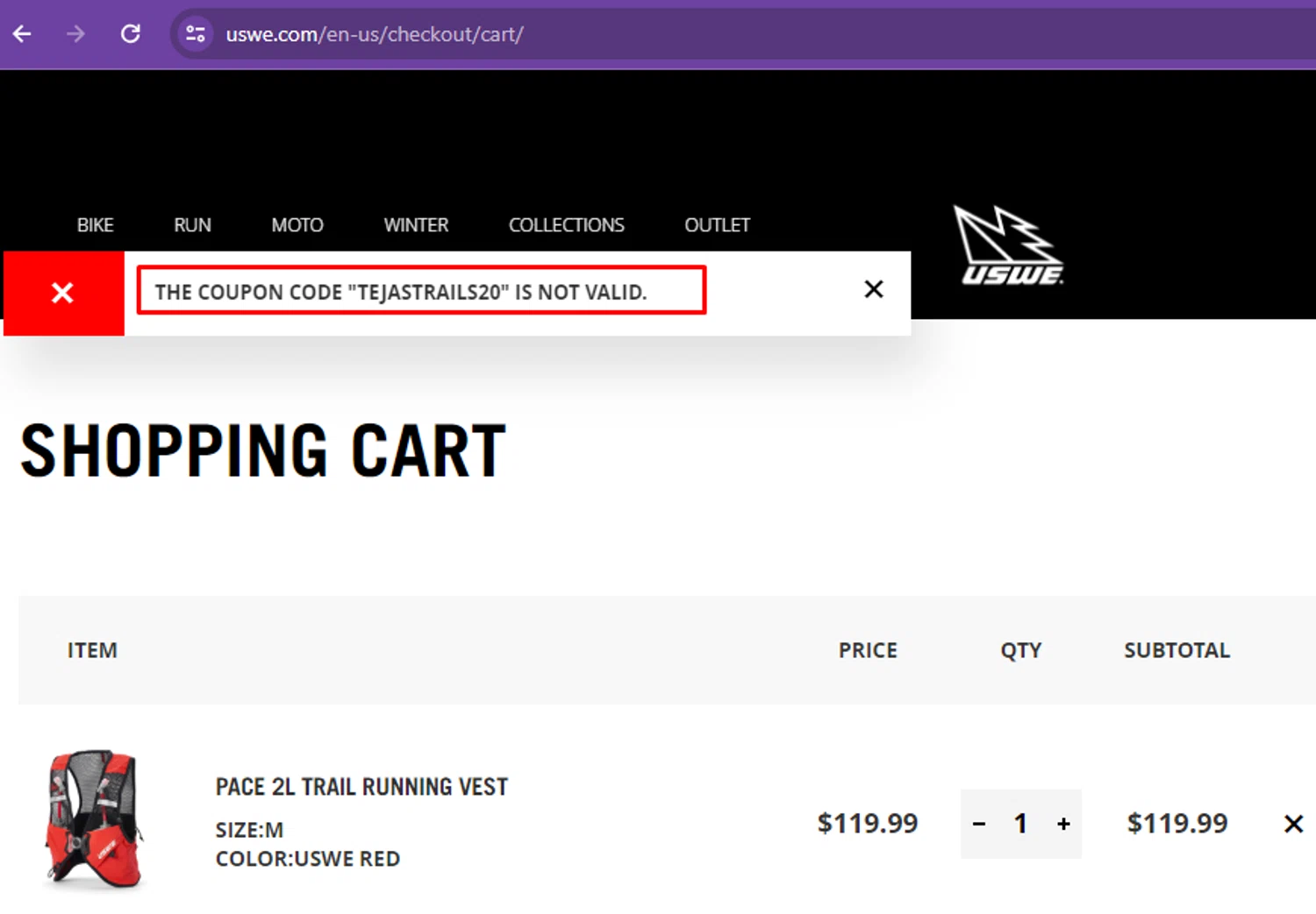 USWE discount code screenshot showing code Tejastrails20 applied at USWE checkout page. Uploaded by SimplyCodes community member paolacampos2 on Jan 3, 2025