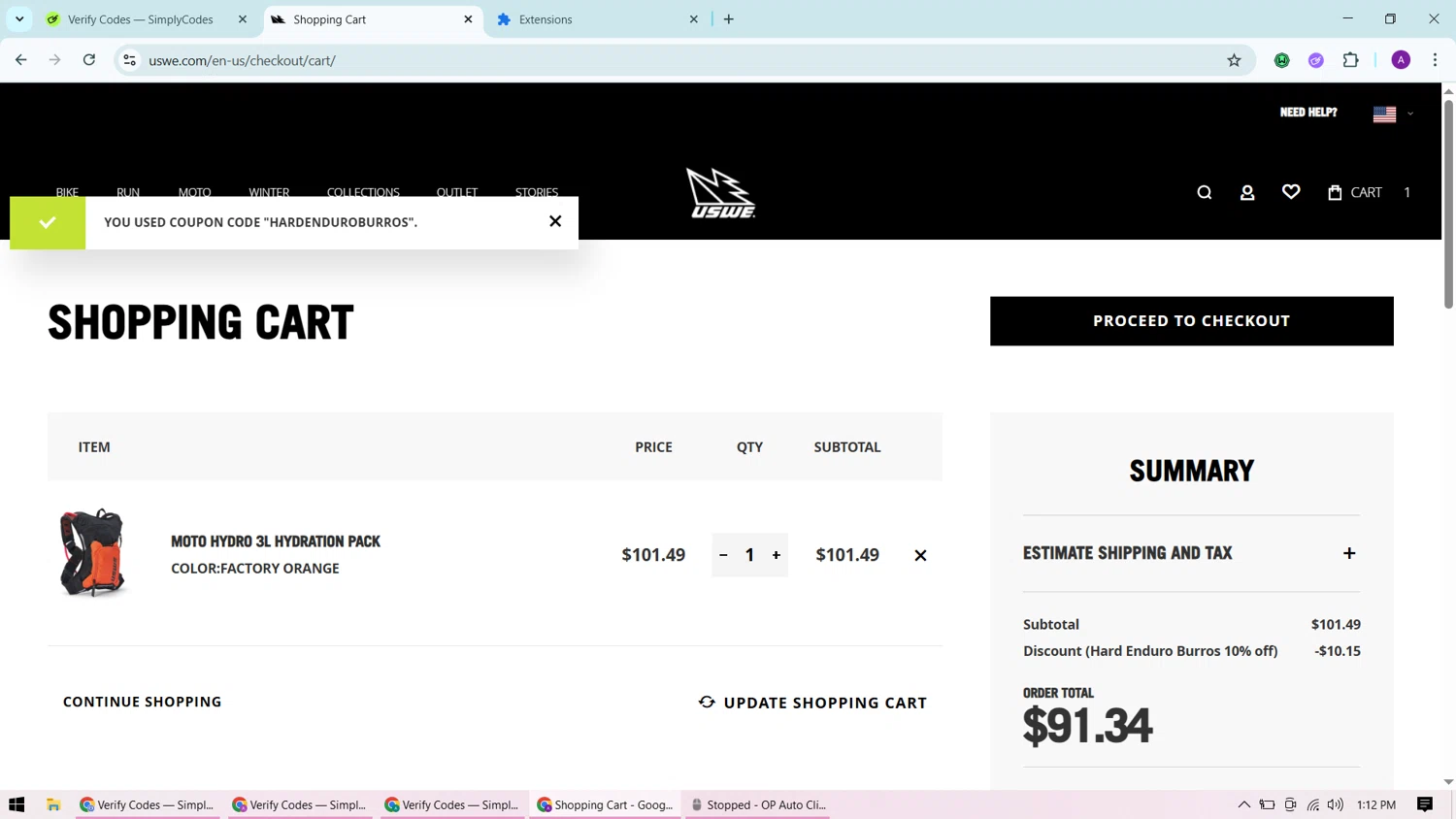 USWE discount code screenshot showing code HARDENDUROBURROS applied at USWE checkout page. Uploaded by SimplyCodes community member CashChaser7272 on Jul 19, 2025