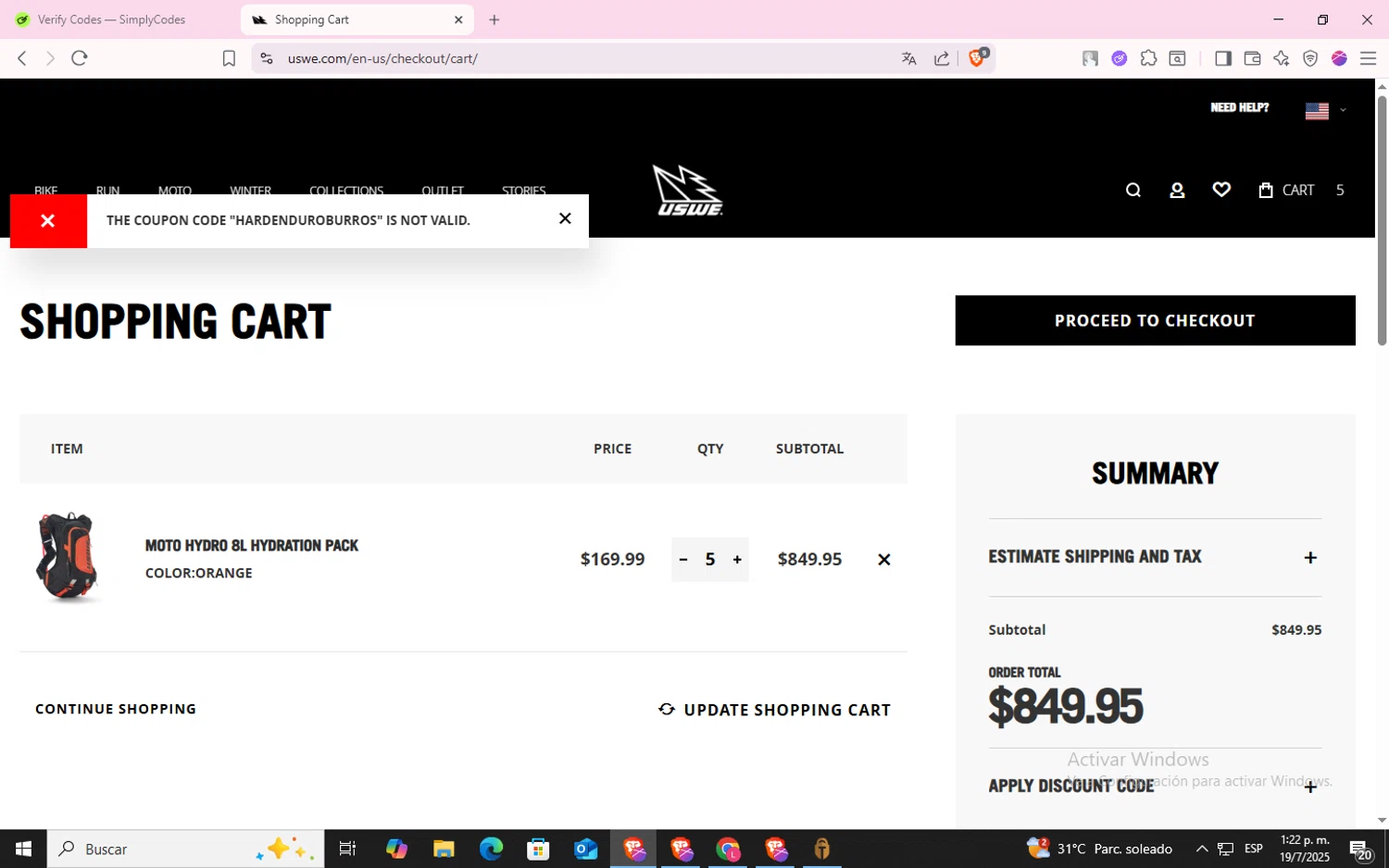 USWE discount code screenshot showing code HARDENDUROBURROS applied at USWE checkout page. Uploaded by SimplyCodes community member CodeLynx5272 on Jul 19, 2025