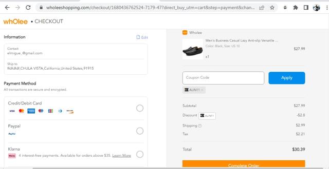 Wholee US checkout page showing Wholee US promo code box | Screenshot taken by SimplyCodes community member on Apr 2, 2023
