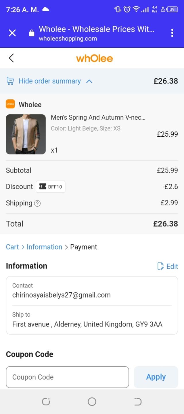 Wholee US checkout page showing Wholee US promo code box | Screenshot taken by SimplyCodes community member on May 11, 2023