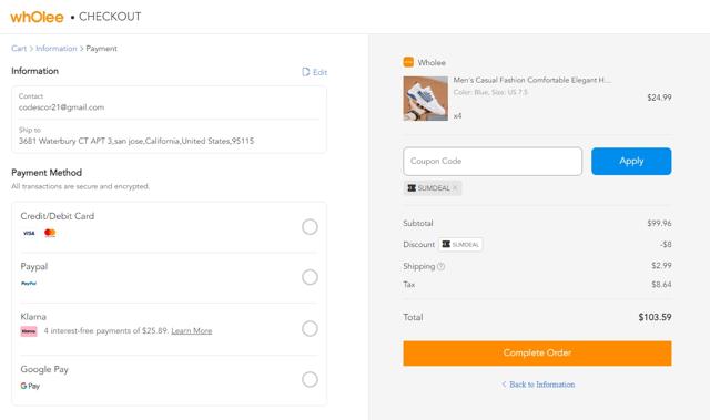 Wholee US checkout page showing Wholee US promo code box | Screenshot taken by SimplyCodes community member on Jun 10, 2023