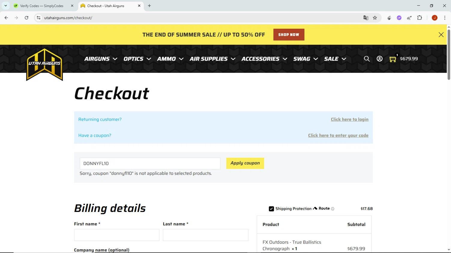 Utah Airguns checkout page showing Utah Airguns coupon code box | Screenshot taken by SimplyCodes community member on Aug 27, 2025