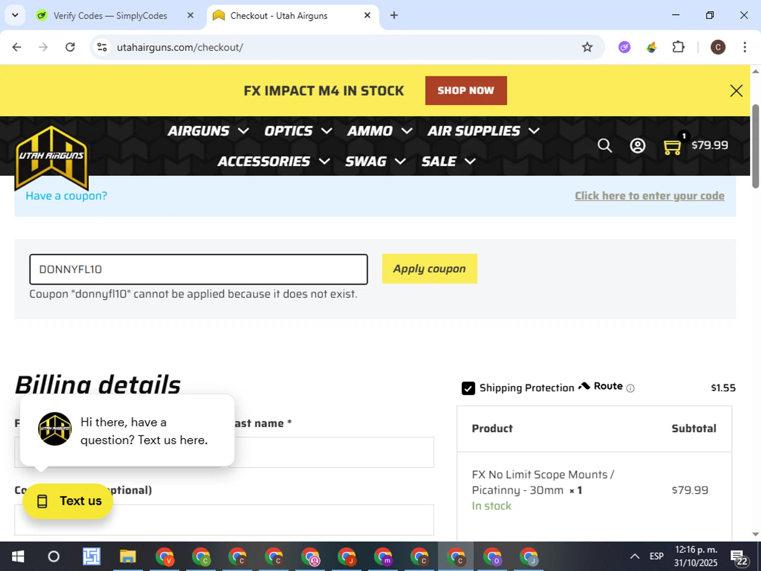Utah Airguns coupon code screenshot showing code DONNYFL10 applied at Utah Airguns checkout page. Uploaded by SimplyCodes community member VictorL on Oct 31, 2025
