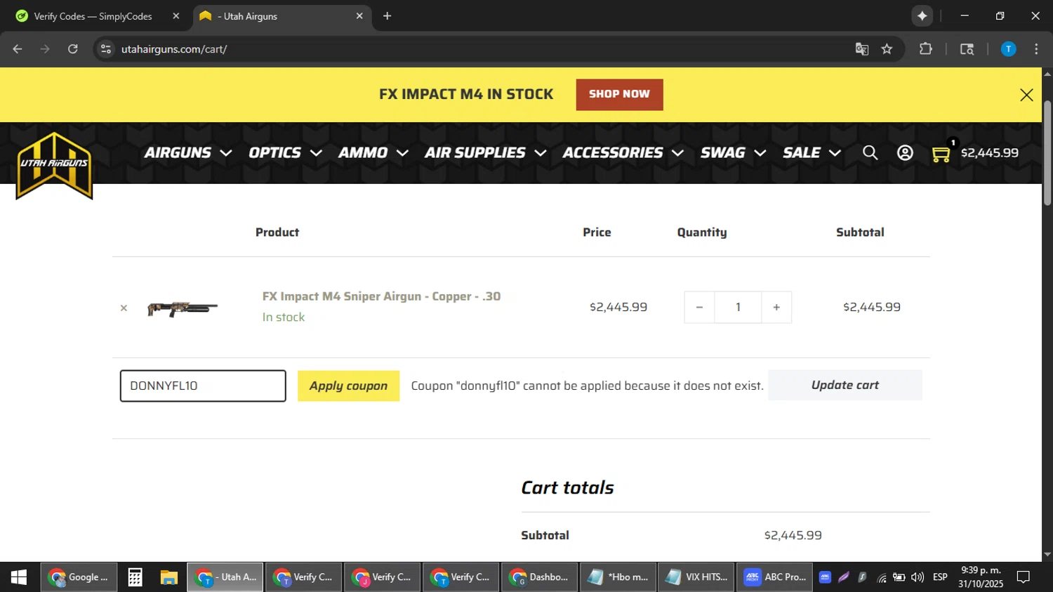 Utah Airguns coupon code screenshot showing code DONNYFL10 applied at Utah Airguns checkout page. Uploaded by SimplyCodes community member hankt1521 on Nov 1, 2025